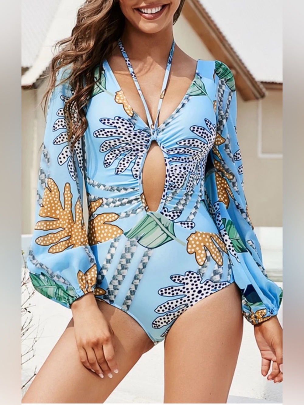 Resort Style Cutout One Piece Swimsuit Puff Sleeves